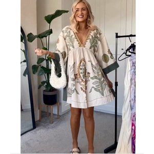 ZARA NEW WOMAN SHORT Linen BLEND EMBROIDERED DRESS ECRU M,XL 5107/055